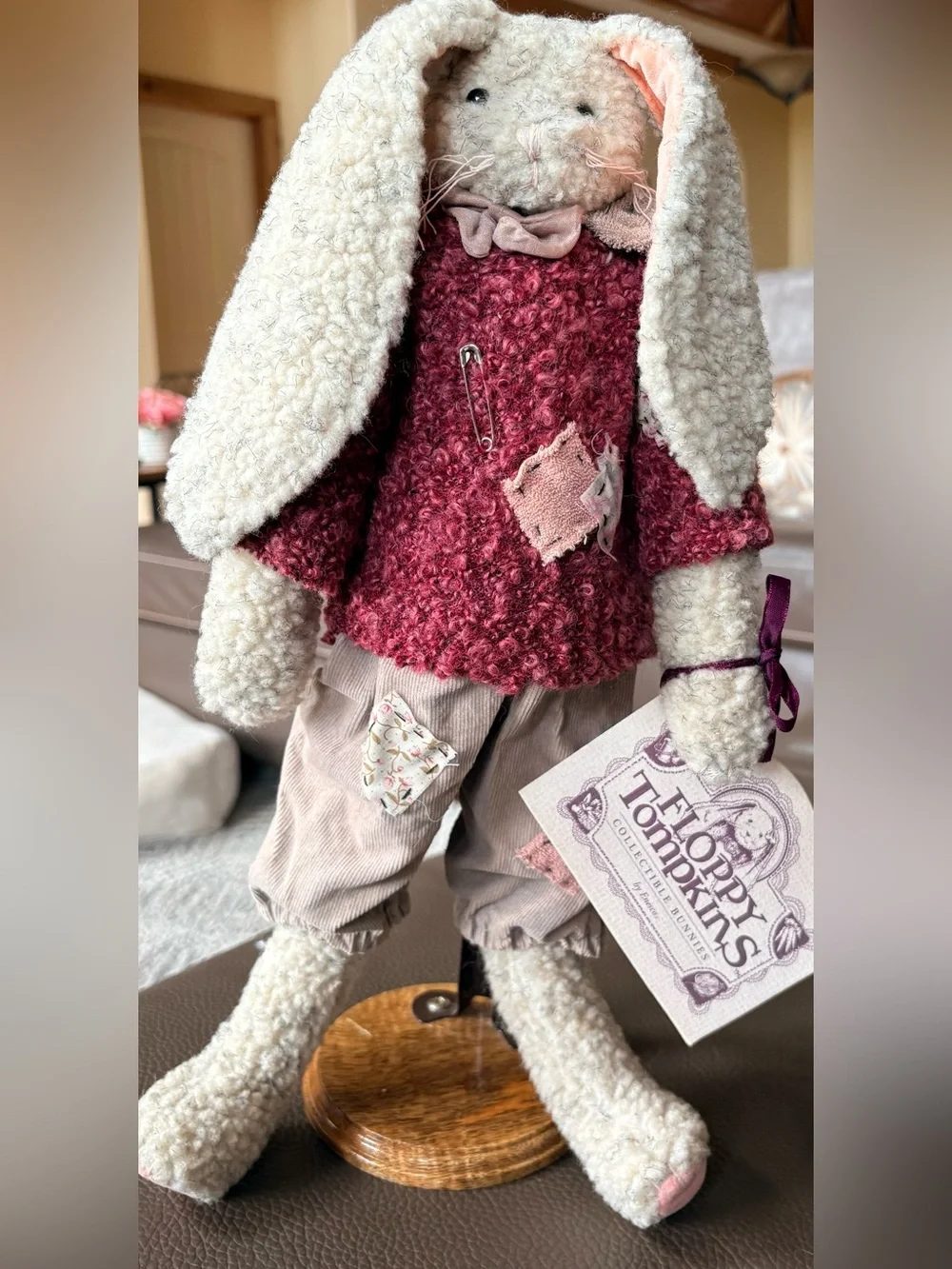 Enesco Plush Bunny in Burgundy, Cream, Tan with Purple Ribbon